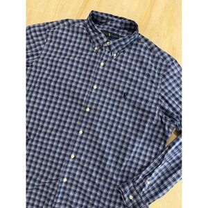 Ralph Lauren Mens XL Plaid Button Down Shirt Navy Blue White Long Sleeve Cotton